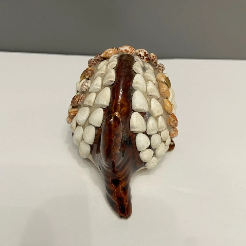 FOLK ART Wide Mouthed Shell Covered Whale Fish Ceramic Ashtray Boho Hippie Artsy